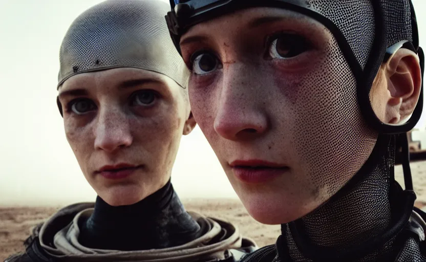 Image similar to cinestill 5 0 d candid photographic portrait by helen levitt of two loving female androids wearing rugged black mesh techwear on a desolate plain, extreme closeup, modern cyberpunk moody emotional cinematic, dust storm, 8 k, hd, high resolution, 3 5 mm, f / 3 2, ultra realistic faces, ex machina