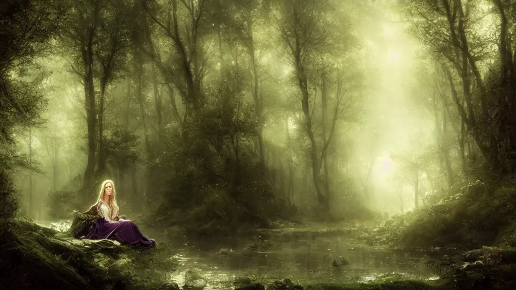 Prompt: elven princess sitting alone, far away, in the melancholy forest. andreas achenbach, artgerm, mikko lagerstedt, zack snyder, tokujin yoshioka