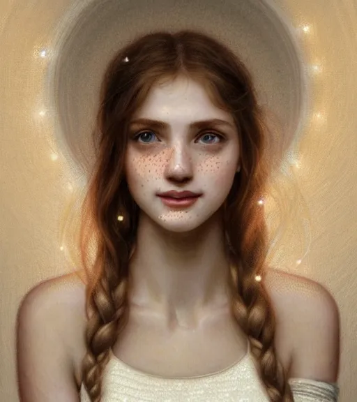 Prompt: portrait of teenage aphrodite, light freckles, dirty blonde hair, smiling kindly, wearing an embroidered white linen dress, lace neckline, intricate, elegant, mother of pearl jewelry, glowing lights, highly detailed, digital painting, artstation, concept art, smooth, sharp focus, illustration, art by wlop, mucha, artgerm, and greg rutkowski