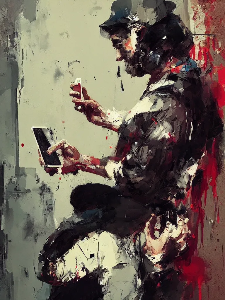 Image similar to a beautiful picture by joram roukes of a man looking at his phone in a bathroom, color bleeding, brushstrokes by jeremy mann, head skull