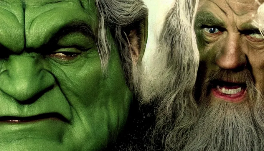 Prompt: film still of gandalf starring as the hulk, cnn news footage.