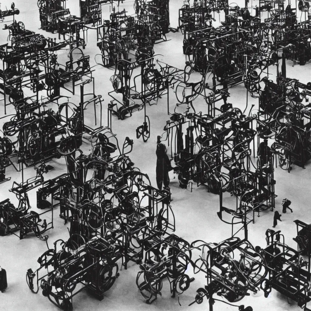 Image similar to a historical photograph of Marcel Duchamp surrounded by machines in a vast empty white room, 1919, courtesy of Centre Pompidou