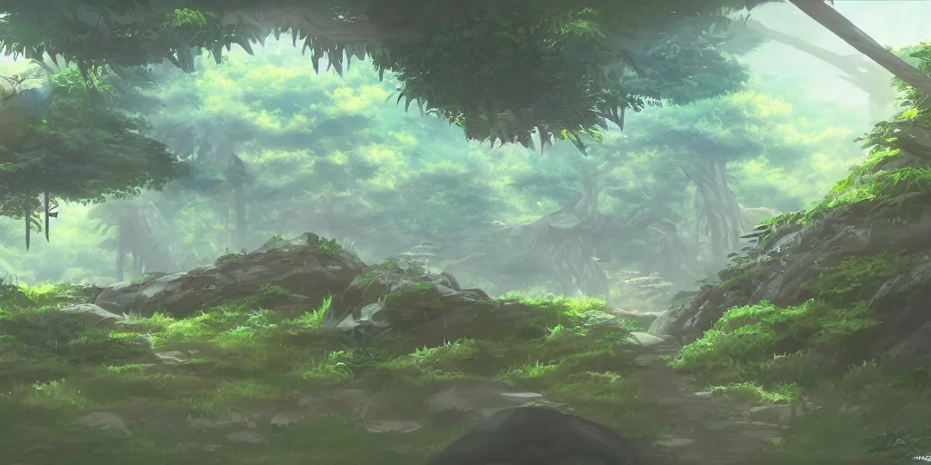 Image similar to Anime environment, huge jungle, animals, simple, rough draft, sketch, muted colors, 8k, trending on artstation