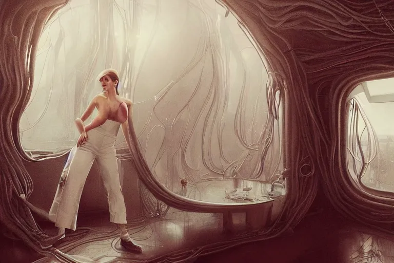 Image similar to beautiful painting of Emma Watson wearing a white leather jumpsuit in a futuristic house in the style of Simon Stålenhag and H. R. Giger, detailed, trending on Artstation