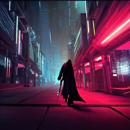 Image similar to photo of a grimm reaper walking in a futuristic city in a dystopian future made of electronic components and looks like a giant pcb board. Very detailed 8k. Unreal engine 5 render with nanite, global illumination and path tracing. Emphasize on the colors black and red.