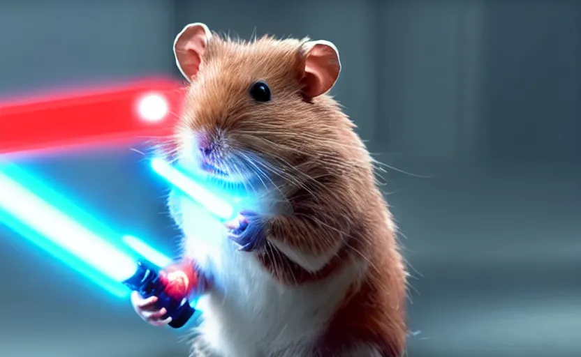 Image similar to hamster wielding a lightsaber, movie still, star wars, cinematic, sharp focus, cinematic lighting, 8 k