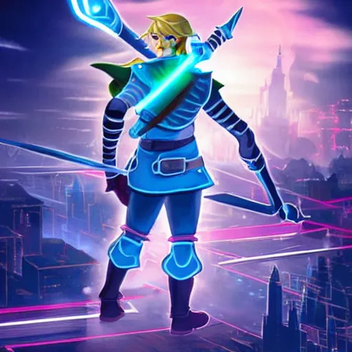 Image similar to Link from Legend of Zelda in a futuristic cybernetic uniform, wielding a neon glowing Master Sword as the Tron style city looms behind him
