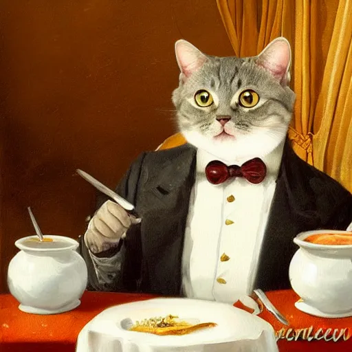 Prompt: a gentleman cat in a suit is eating in a very expensive restaurant, oil painting without frame, classical painting, high definition, digital art, matte painting, very detailed