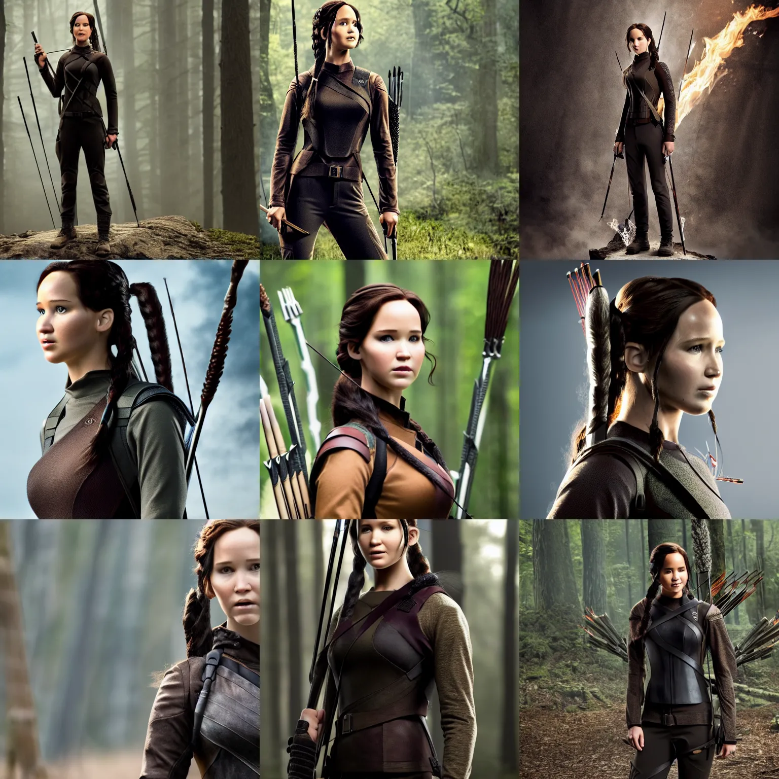 Prompt: promotional photo of katniss everdeen, standing, full body, 4 k / 8 k, award - winning, high quality, detailed, intricate