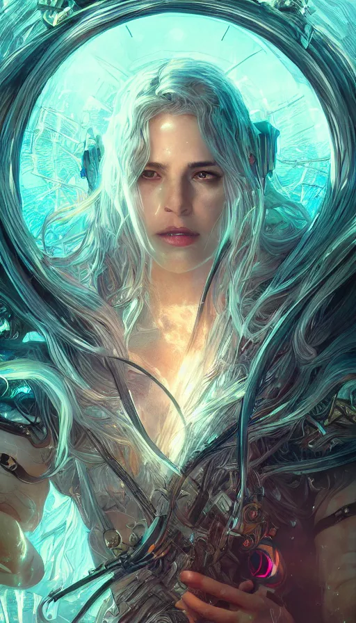 Image similar to furious gorgeous woman, lord of the rings, cyberpunk, neon, fibonacci, sweat drops, insane, intricate, highly detailed, digital painting, artstation, concept art, smooth, sharp focus, illustration, Unreal Engine 5, 8K, art by artgerm and greg rutkowski and alphonse mucha