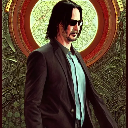 Prompt: Keanu Reeves in Matrix, highly detailed, digital painting, artstation, concept art, smooth, sharp focus, illustration, ArtStation, art by artgerm and greg rutkowski and alphonse mucha and J. C. Leyendecker and Edmund Blair Leighton and Katsuhiro Otomo and Geof Darrow and Phil hale and Ashley wood and Ilya repin and Charlie Bowater