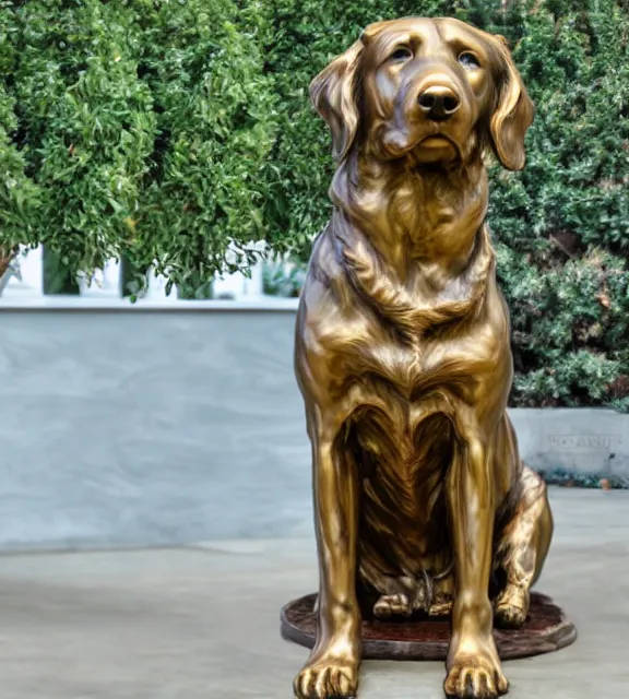 Image similar to a 4 k photorealistic photo medium shot of a bronze statue of a golden retriever.