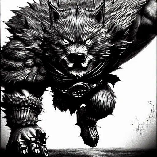 Image similar to Volibear (league of legends, 2009), artwork by kentaro miura, Kentaro Miura style, Berserk Style, High details, cinematic composition, manga, black and white ink style, a lot of details with ink shadows