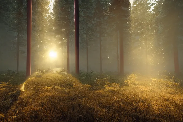 Prompt: glowing doors of a bunker in a forest, sunset, light fog, strong sunbeams are breaking through the tall trees, 4k, ultra details, cinematic, epic style, beautiful photo, hyper realistic, octane render, unreal engine, award winning, on artstation, volumetric lightning, masterpiece, golden hour,