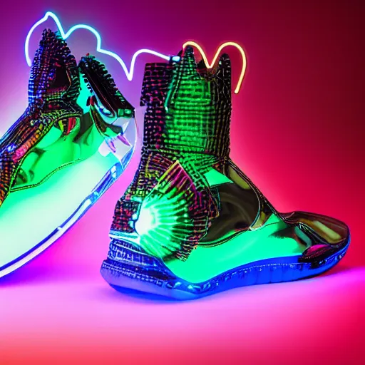 Image similar to a profesional studio advertising photograph of a pair of digital futuristic sneakers with neon lights and mayan aesthetic shot in a profesional photographic studio