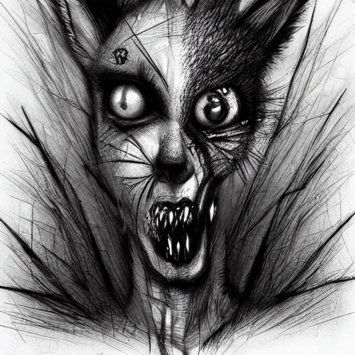 Image similar to surrealism grunge cartoon sketch of a cute zombie fox by michael karcz, loony toons styl, horror theme, detailed