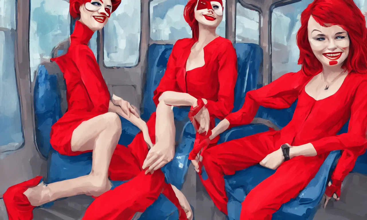 Prompt: a pretty woman sits on the train, wearing a red jumpsuit, a red domino mask, and red platform shoes, digital art, character portrait, highly detailed, 4 k