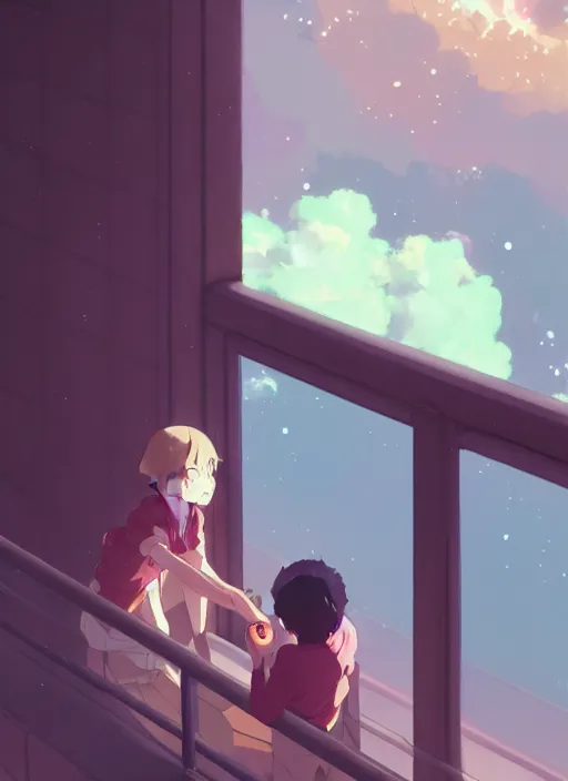 Image similar to boy teaching a girl using telescope on the balcony timidly, illustration concept art anime key visual trending pixiv fanbox by wlop and greg rutkowski and makoto shinkai and studio ghibli