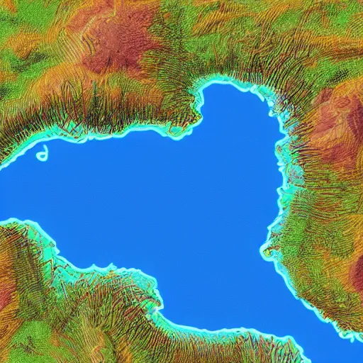 Image similar to highly realistic map of a large island with a dormant volcano in the middle, 8 k, hyperrealistic, nostalgic, ambient lighting, fantasy