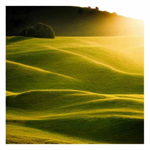 Prompt: https : / / s. mj. run / ixdectgsxzc rolling green hills at dawn. light and shadow. volumetric lighting. award winning photograph