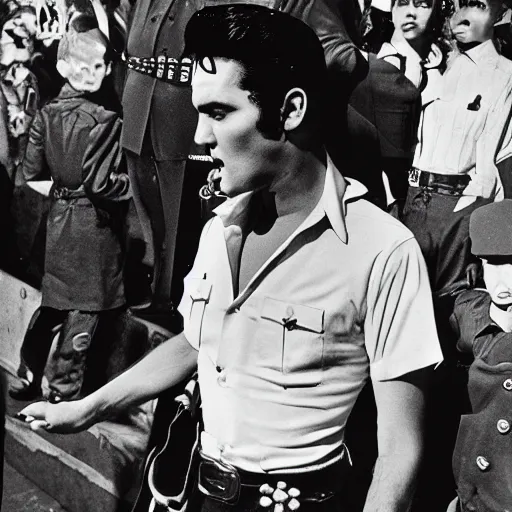 Prompt: Satanic States of America, alternate history, 1957, Elvis Presley, gothic Elvis, photograph, paparazzi photo