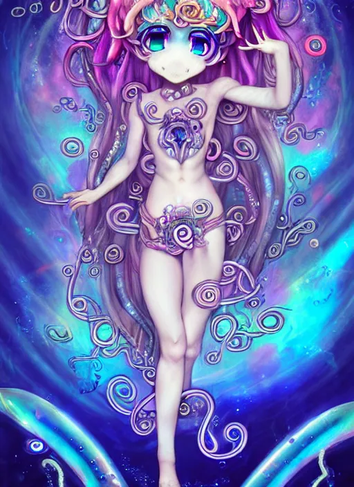 Image similar to A full shot of a chibi girl from the Abyss covered in opals. Symmetrical. Underwater. Dark foreboding Atmosphere. Sailor Moon. Tentacles. Kawaii. Rainbows. Demon Horns, Angel Wings, By Lisa Frank and HR Giger and Ross Tran and ArtGerm and WLOP. Key Art. Fantasy Illustration. award winning, Artstation, intricate details, realistic, Hyperdetailed, 8k resolution. Photoreal. Octane Render.