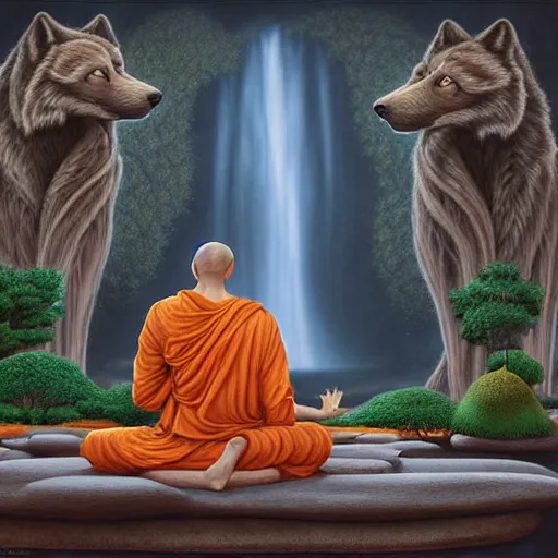 Prompt: an anthromorphic wolf monk character, meditating in a zen garden with a waterfall under the blood moon, by Adi granov and afarin sajedi and amanda sage and evgeni gordiets and Agostino Arrivabene and adonna khare in a psychedelic portrait style, ultrarealistic matte painting, volumetric lighting, fractal, extremely symmetrical, highly detailed face, orisha, 8k, hd