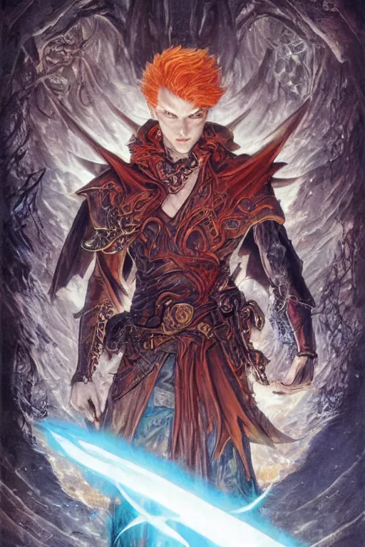 Image similar to young male redhead Spellcaster standing, holding a book with glowing runes on the cover, D&D dark fantasy style, sharp focus, ultra detailed, art by Artgerm and Peter Andrew Jones, Karol Bak, Ayami Kojima, Amano and Olivier Ledroit