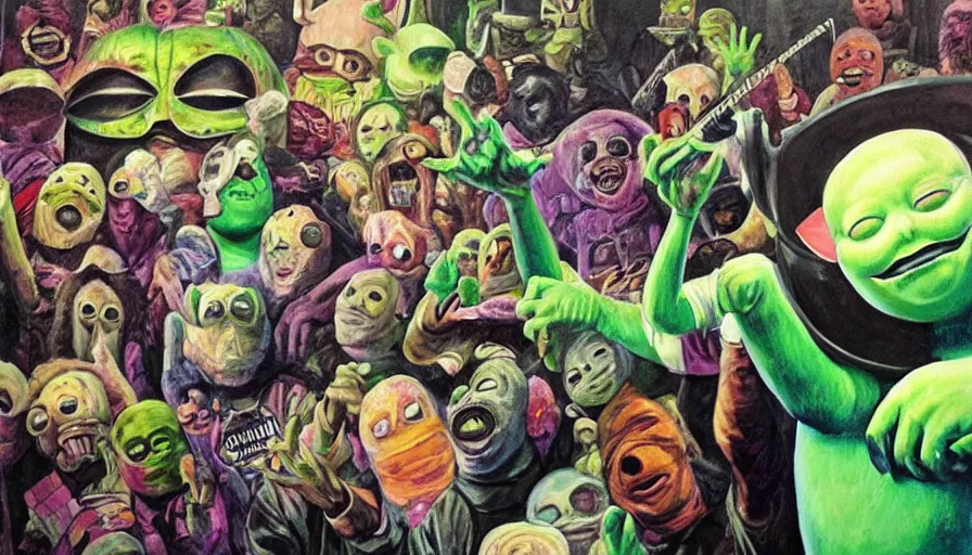 Image similar to beautiful lifelike painting of mf doom performing with slipknot and the teletubbies, hyperreal detailed facial features and uv lighting, art by ed roth and basil wolverton