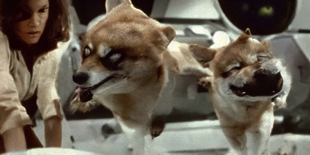 Prompt: a screenshot of the alien movie in 1 9 7 9 but the alien is a shiba inu dog