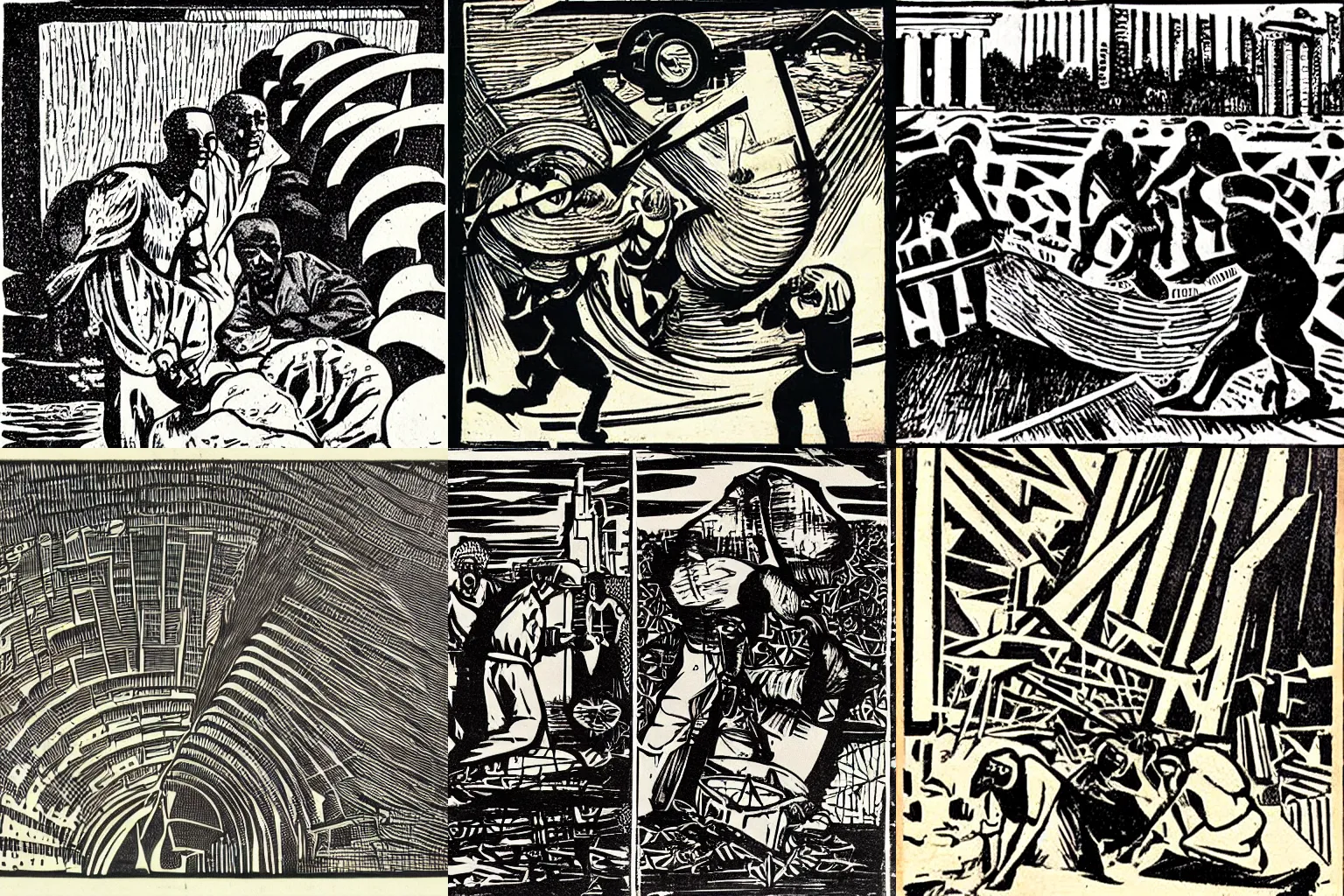 Prompt: things fall apart, the centre cannot hold. a dynamic woodcut in tradition of italian futurism and agitprop