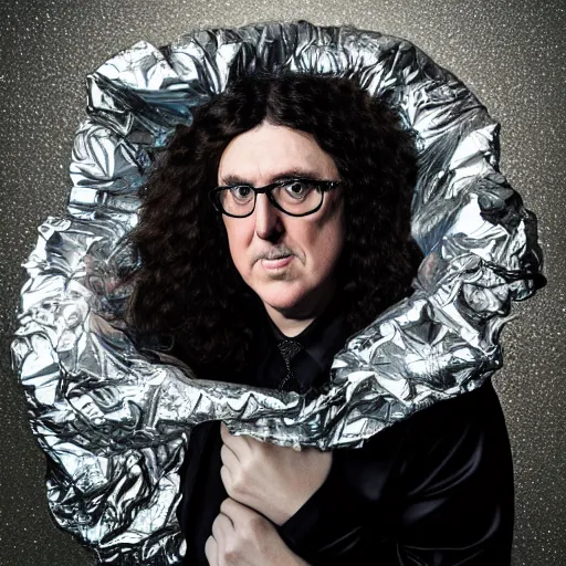 Image similar to weird al yankovic wrapped in foil, digital photography, highly detailed, portrait