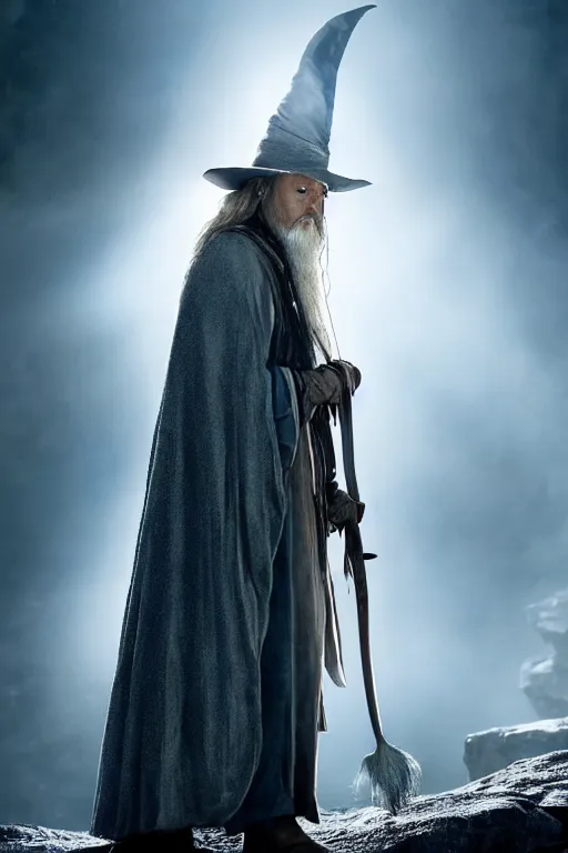 Image similar to film still of johnny depp as gandalf in lord of the rings movie, glamour pose, dramatic lighting, octane, volumetric lighting, 8 k