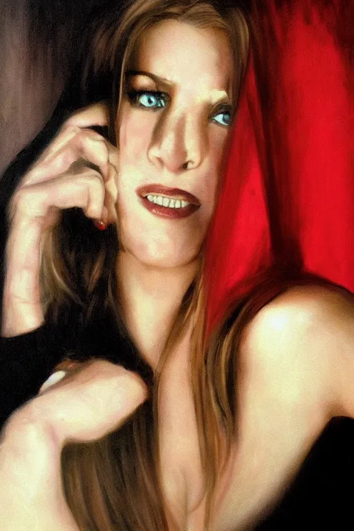 Prompt: half Jennifer Aniston, half Uma Thurman, green eyes, in a red dress, at a cocktail party, dramatic backlighting, autochrome, high contrast, highly detailed, sharp focus, digital painting, concept art, illustration, trending on artstation, art by greg rutkowski and greg hildebrandt, composition by alphonse mucha