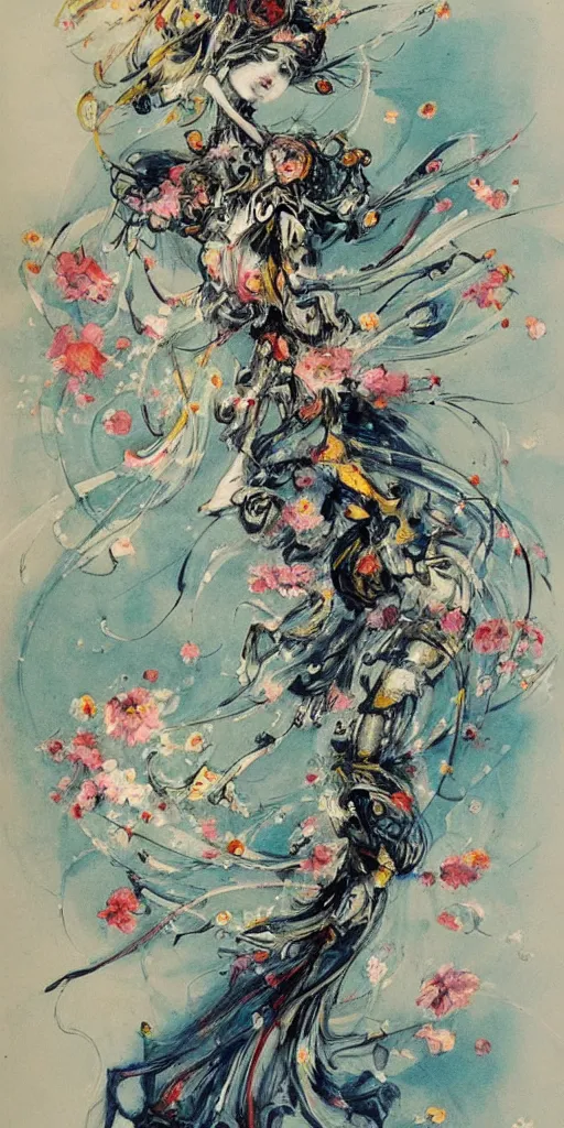 Image similar to Louis Icart, a beautiful painting of an abstract robot tornado made entirely out of flowers, highly detailed, swirling, flowing, dancing, dreaming, bursting with positive energy, happy, creative, masterpiece