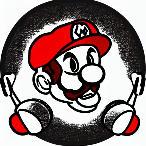 Image similar to svg sticker of a Pop-Wonder SuperMario, Mario-Wearing-a-red-hat, at a rave, spinning records, giant headphones rocking out, wearing headphones, huge speakers, dancing, rave, DJ, spinning records, digital art, amazing composition, rule-of-thirds, award-winning, trending on artstation, featured on deviantart