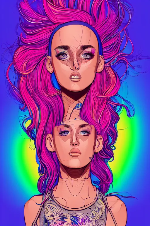 Image similar to a award winning half body portrait of a beautiful woman with stunning eyes in a printed croptop and cargo pants with rainbow colored ombre hairstyle head in motion and hair flying by josan gonzales, outrun, vaporware, shaded flat illustration, digital art, trending on artstation, highly detailed, fine detail, intricate