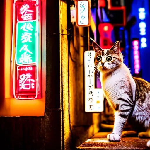 Prompt: portrait of a cat next to a neon sign in a tokyo alley at night, raining, photography