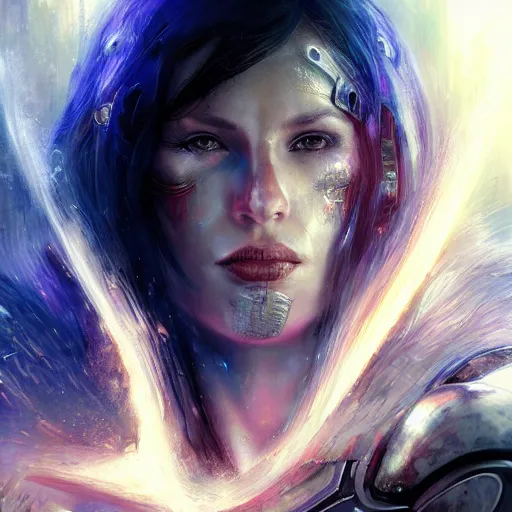 Prompt: aesthetic warrior sorceress in scale armor portrait by Raymond Swanland, cyberpunk, sci-fi cybernetic implants