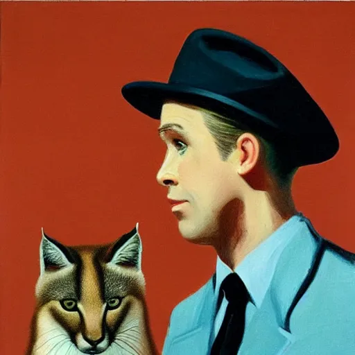 Image similar to Ryan Gosling holding a cute caracal, in the style of Edward Hopper and Rene Magritte, highly detailed