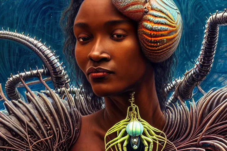 Image similar to realistic detailed closeup portrait movie shot of a beautiful black woman riding a giant spider, dystopian city landscape background by denis villeneuve, amano, yves tanguy, alphonse mucha, max ernst, ernst haeckel, kehinde wiley, caravaggio, roger dean, cyber necklace, rich moody colours, sci fi patterns, wide angle