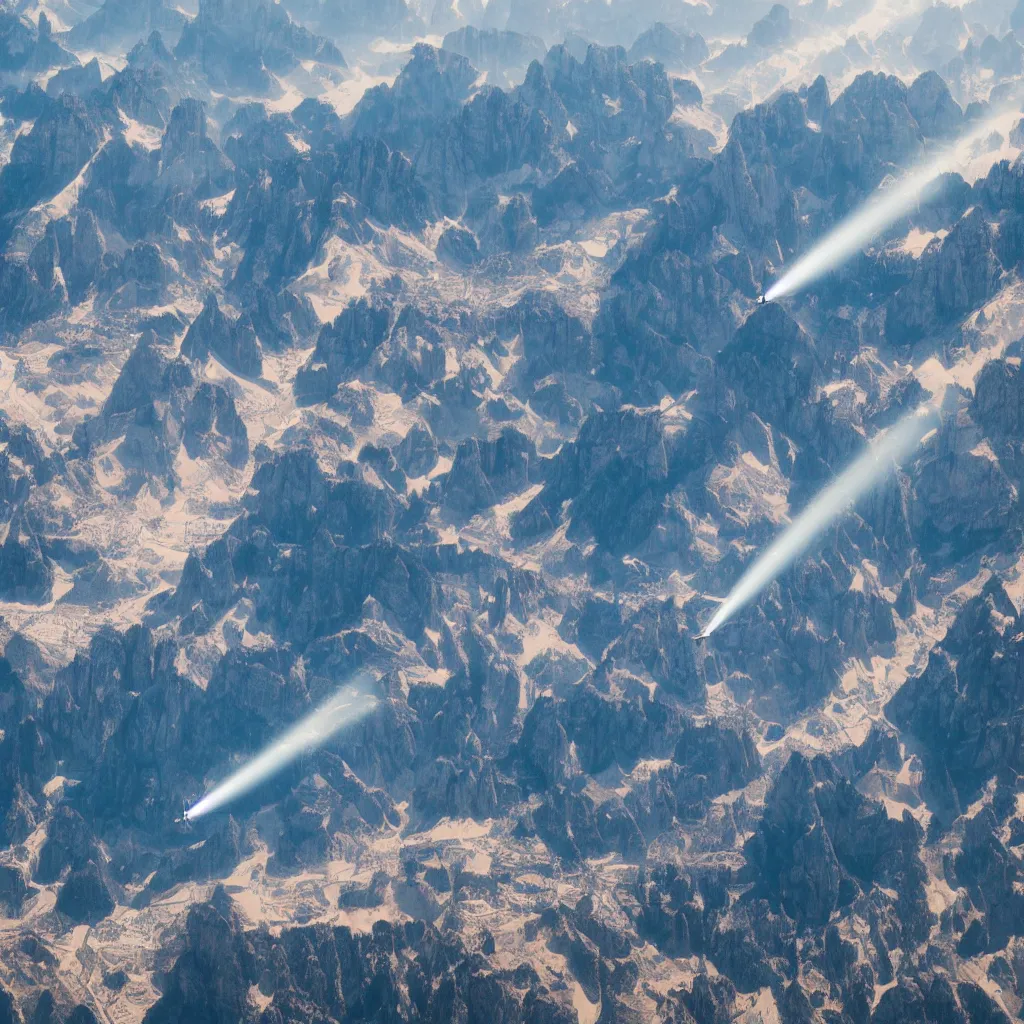 Image similar to sky parade of zeppelins flying over swirling dolomites, birds eye view, casting shadows, light rays