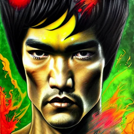 Image similar to a demon slayer portrait of bruce lee, tall, pale - skinned, and slender with lime green eyes and long eyelashes by stanley artgerm, tom bagshaw, arthur adams, carne griffiths, trending on deviant art, street art, face enhance, chillwave, maximalist, full of color, glittering