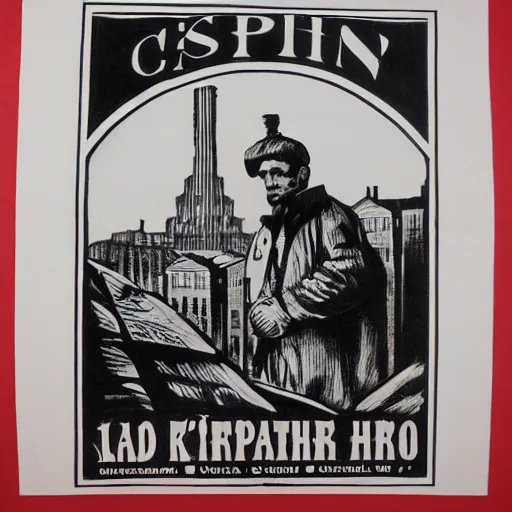 Image similar to 1 8 9 0 s capitalism poster, black and white engraving, eastern european look, with red ink used for emphasis, on antique yellowed paper. serious face of leader in the middle of poster, with intricate imagery of buildings and factories and laborers in the background