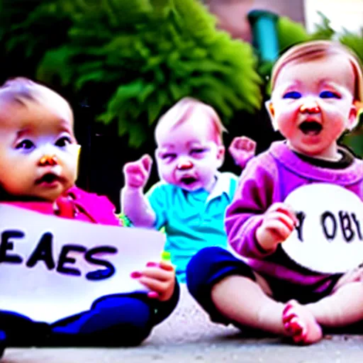 Image similar to babies protesting in front of a daycare center