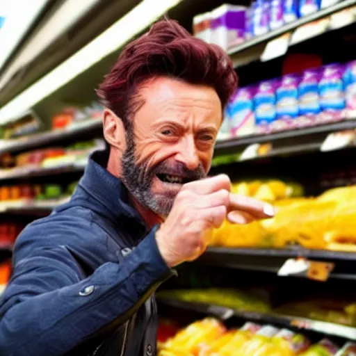 Image similar to high jackman as wolverine grocery shopping with claws akimbo