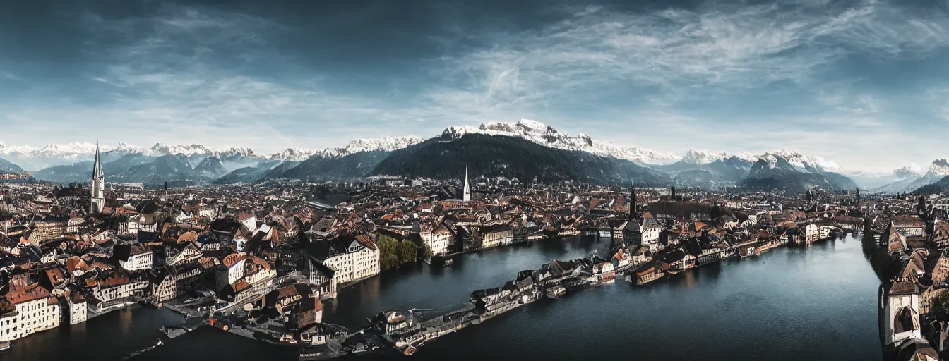 Image similar to Photo of Zurich, looking down the river at the lake and the alps, Hardturm, Grossmünster, wide angle, citypunk, volumetric light, hyperdetailed, mountain water, artstation, cgsociety, 8k