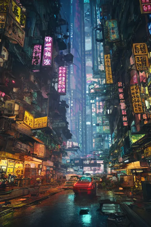 Image similar to cinematic photo of ancient overgrown cyberpunk hong kong with cars and people, night, rain, flowers, beautifully lit, hyperdetailed, unreal engine, photorealistic, denis villeneuve film look, blade runner set