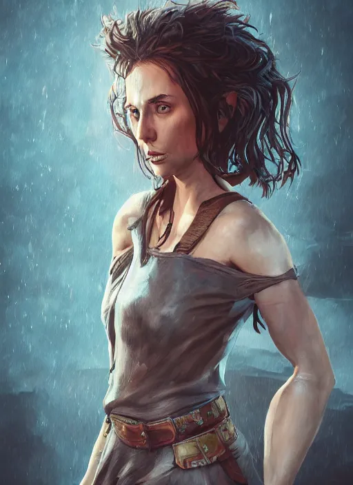 Image similar to an epic fantasy comic book style portrait painting of a girl with short straggly hair, low lethargic insouciance voice with a drawl wearing a ragged dress, unreal 5, daz, hyperrealistic, octane render, cosplay, rpg portrait, dynamic lighting