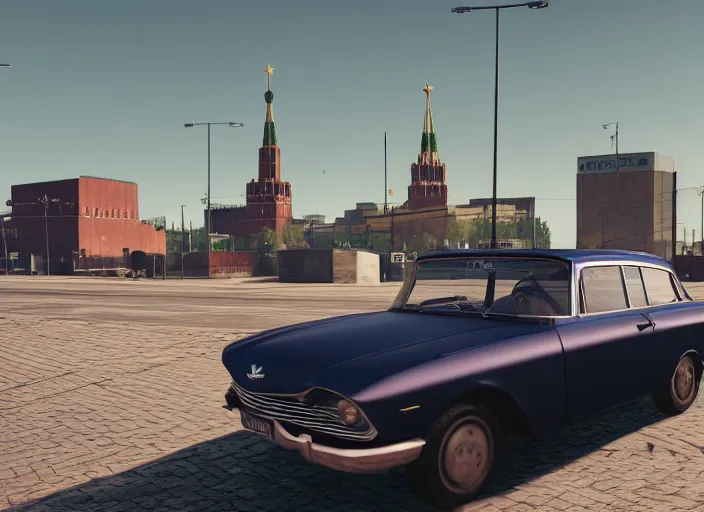 Prompt: hyperrealistic matte painting of gta game in moscow, 1 9 6 0, playstation 5 screenshot, man in adidas, mega details, golden hour, beautiful rtx reflections, soviet suburbs, photorealistic, unreal engine 5, octane render, volumetric light, featured on cg society, 4 k, 5 0 mm bokeh, russian lada car, artstation